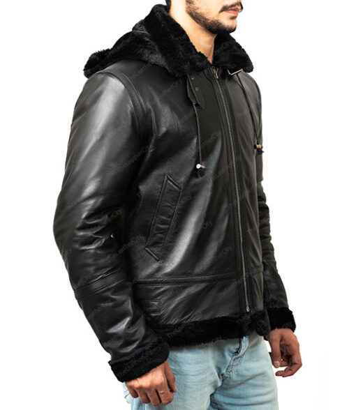 Men's Black Fur Leather Hooded Jacket