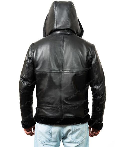 Men's Black Fur Leather Hooded Jacket