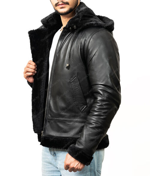 Men's Black Fur Leather Hooded Jacket
