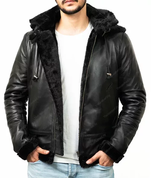 Men's Black Fur Leather Hooded Jacket