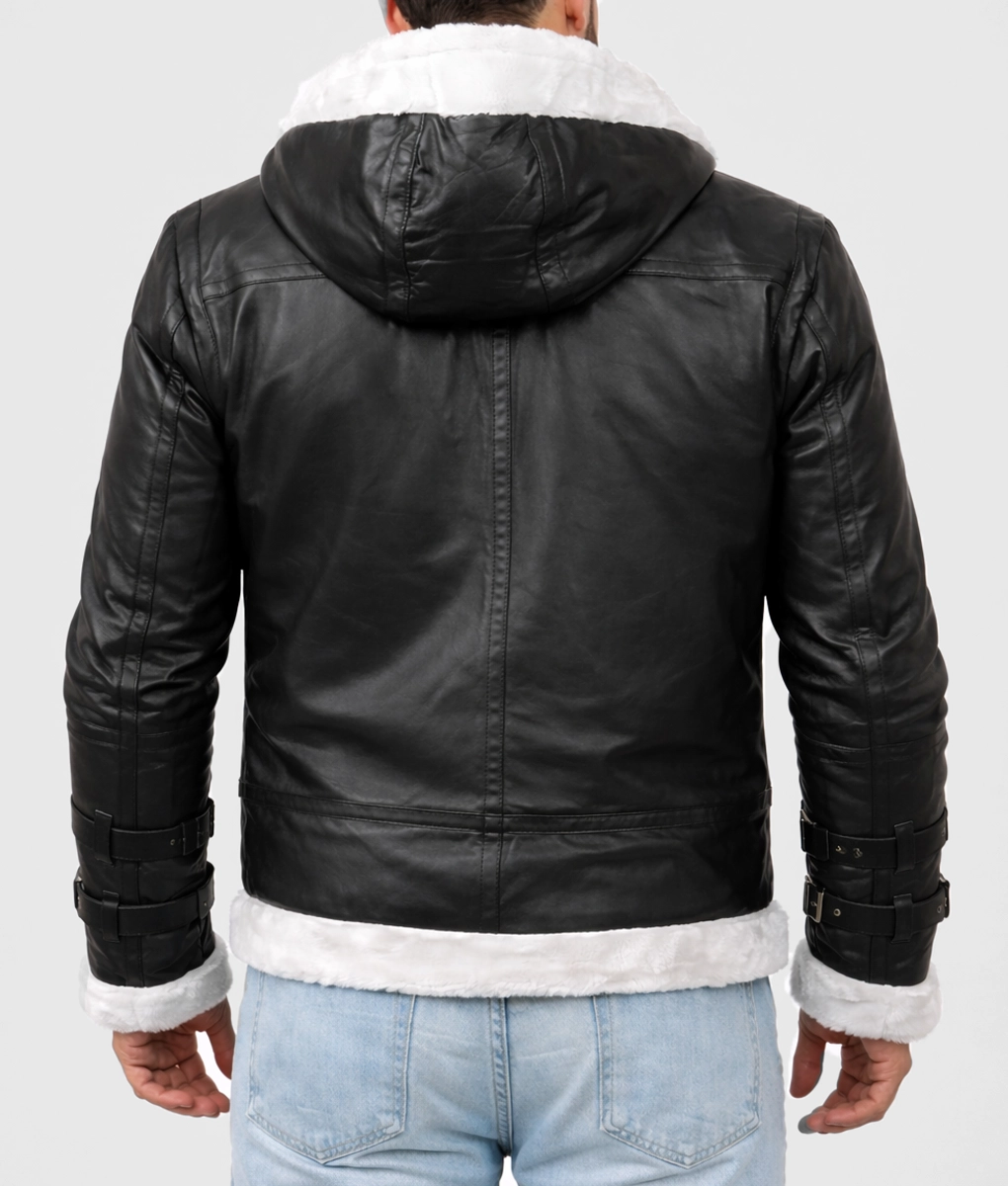 Men's R.A.F Black Hooded Leather Jacket - Back
