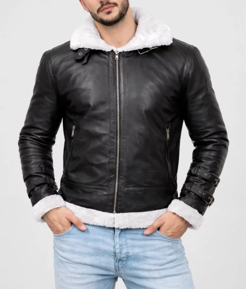 Men's R.A.F Black Hooded Leather Jacket - Front