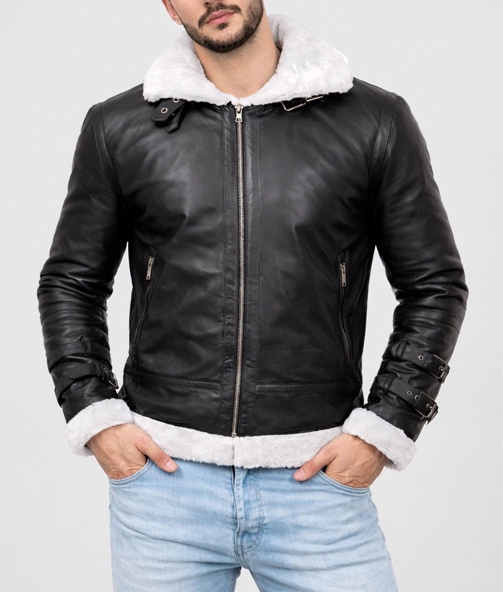 Men's R.A.F Black Hooded Leather Jacket - Front