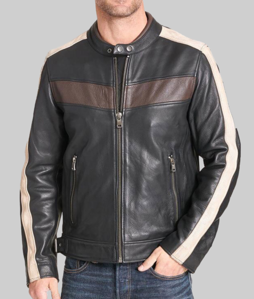 Mick Retro Stripped Biker Jacket-FrontView1