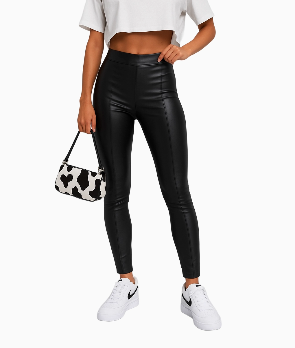 Skinny Fit Black leather Pant for Womens-FrontView