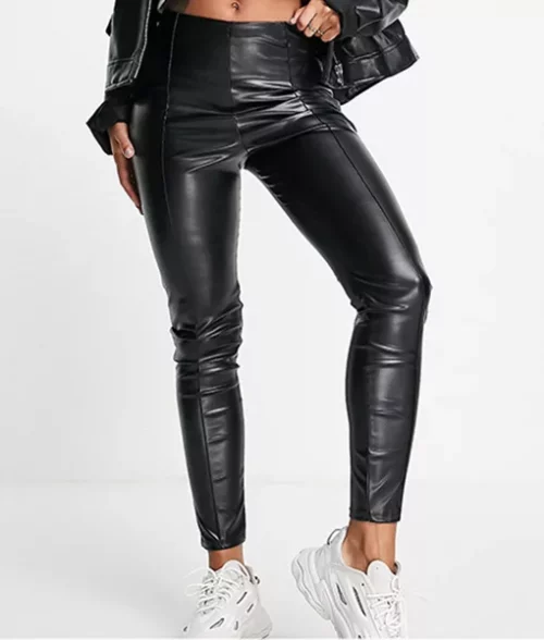 Womens Pintuck Black Leather Legging