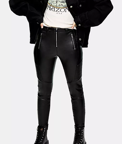 Womens Quilted Panels Black Leather Legging