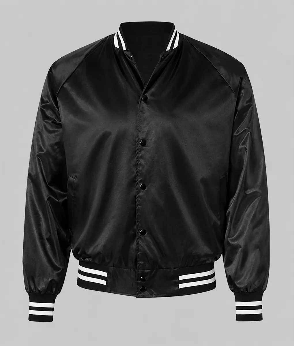 BUKIS Black and Red Varsity Satin Jacket - Black Front