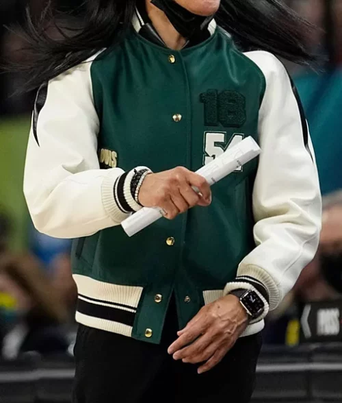 ジャケット・アウター vintage LIFE GUARD satain studium jkt dw Dawn Staley 54 Green Varsity Jacket - The Leather City