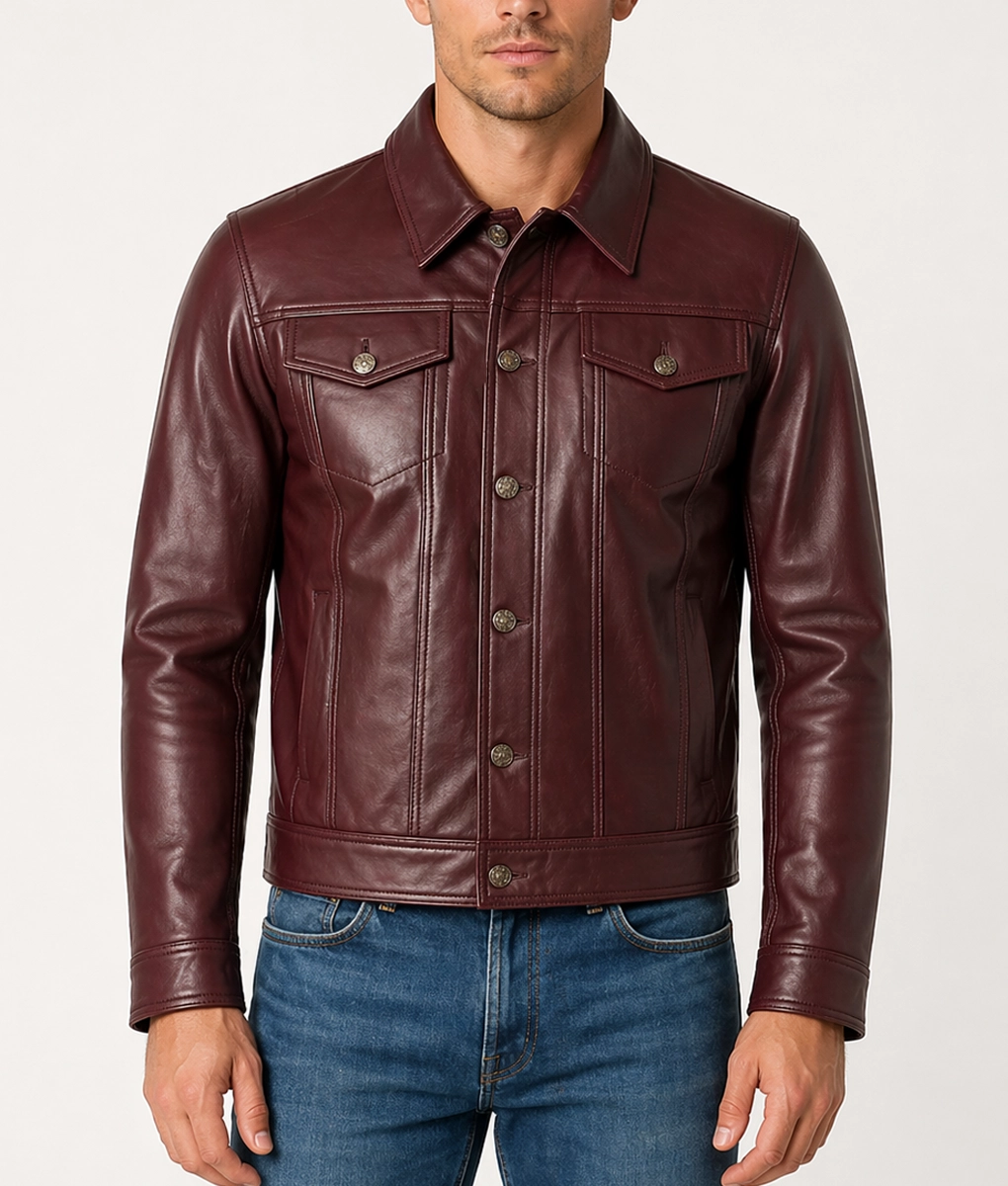 Exo Burgundy Leather Trucker Jacket - Front