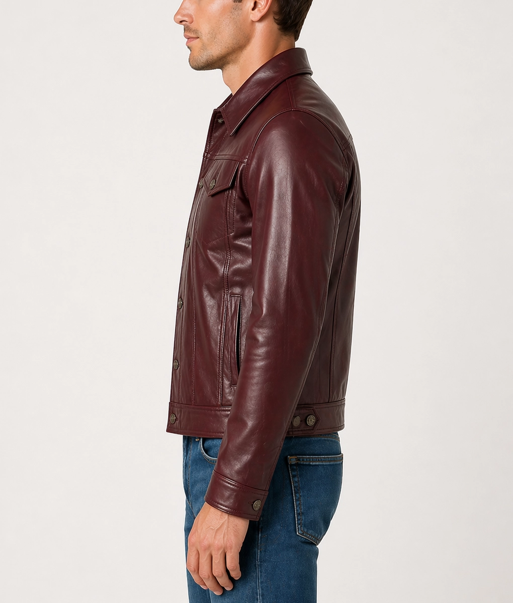 Exo Burgundy Leather Trucker Jacket - Side