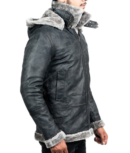 Men's Grey Shearling Jacket With Hood
