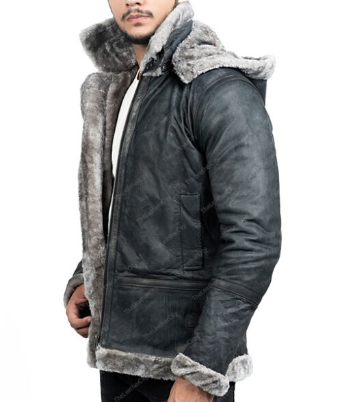Men's Grey Shearling Jacket With Hood