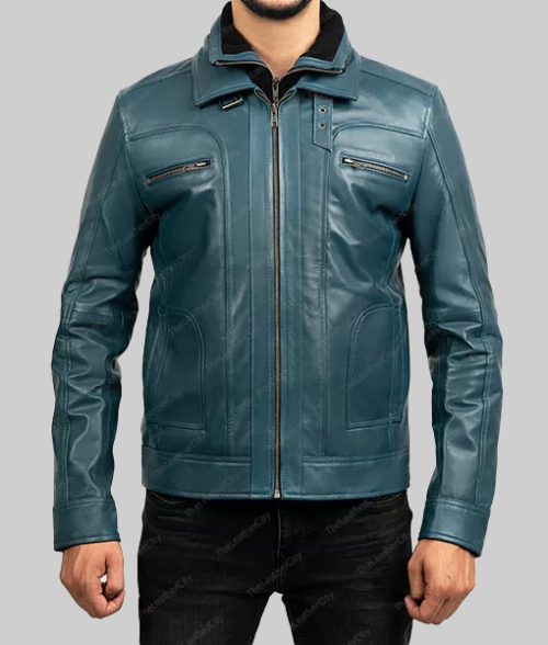Men's Hayden Blue Biker Jacket-FrontView