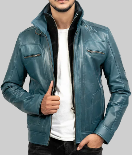 Men's Hayden Blue Biker Jacket-FrontView2