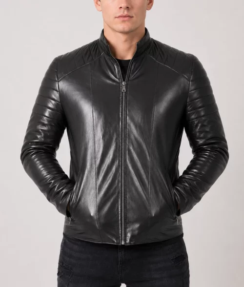 Men's Padded Leather Biker Jacket - Front
