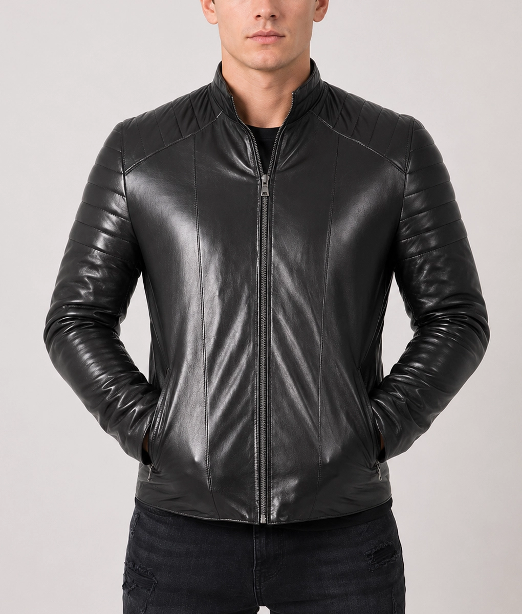 Men's Padded Leather Biker Jacket - Front
