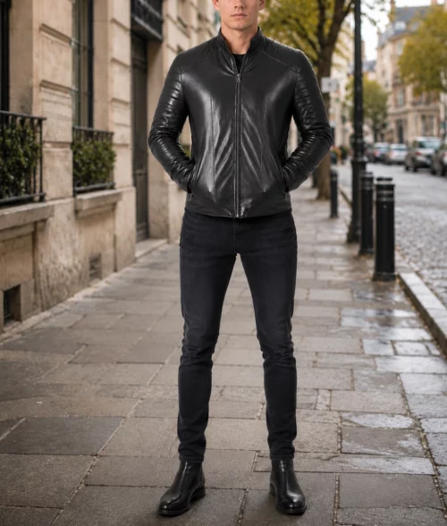Men's Padded Leather Biker Jacket - Full 1