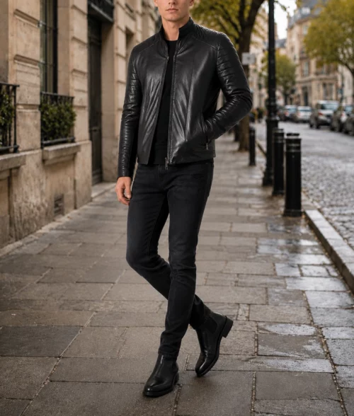 Men's Padded Leather Biker Jacket - Full 2