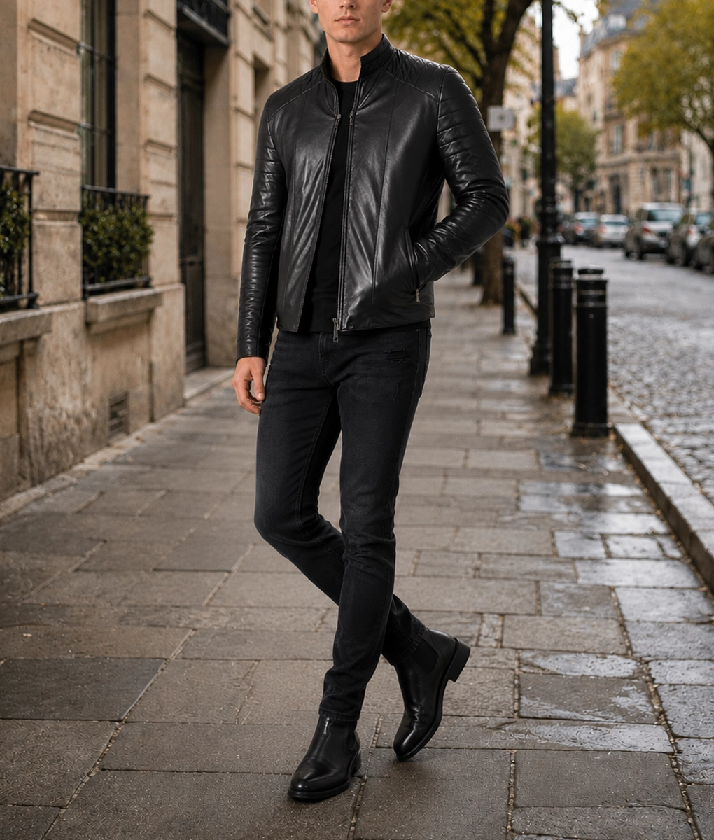 Men's Padded Leather Biker Jacket - Full 2