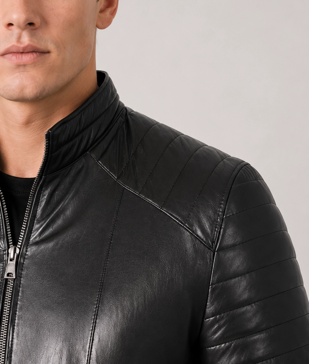 Men's Padded Leather Biker Jacket - Shoulder