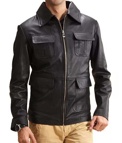 Men's 4 Pockets Black Leather Jacket | TLC