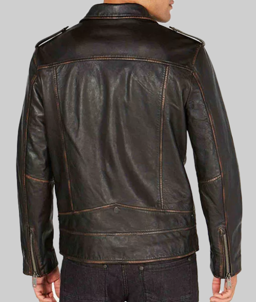 Asymmetrical Zipper Distressed Brown Jacket-BackView
