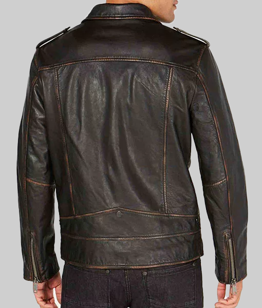 Asymmetrical Zipper Distressed Brown Jacket-BackView