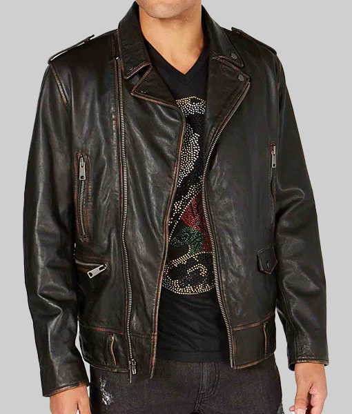 Men's Asymmetrical Zipper Distressed Brown Double Rider Jacket | TLC