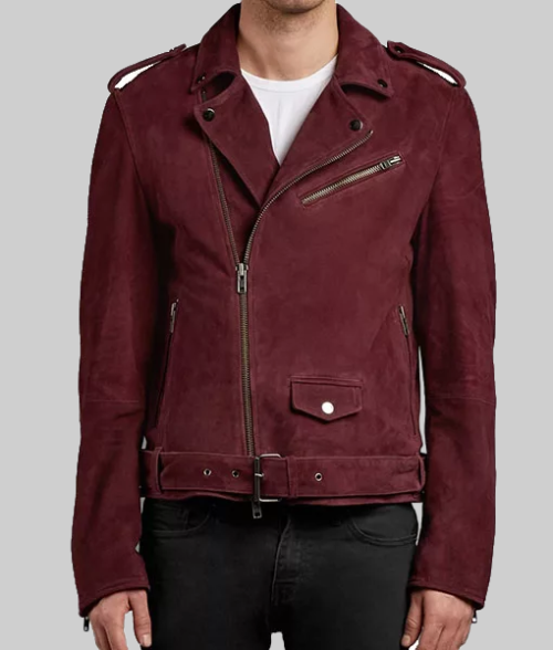 Burgundy Suede Double Biker Jacket-FrontView