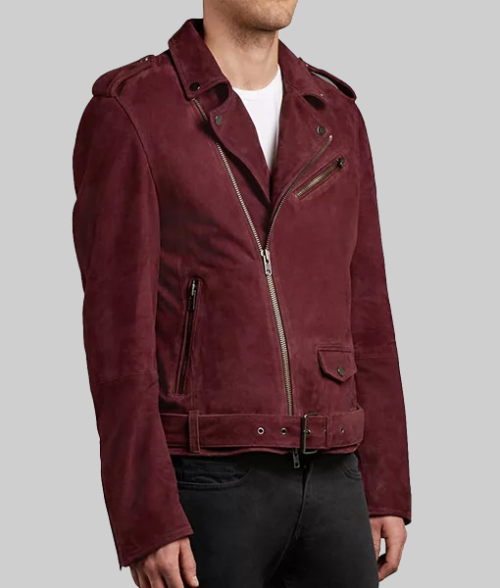 Burgundy Suede Double Biker Jacket-SideView