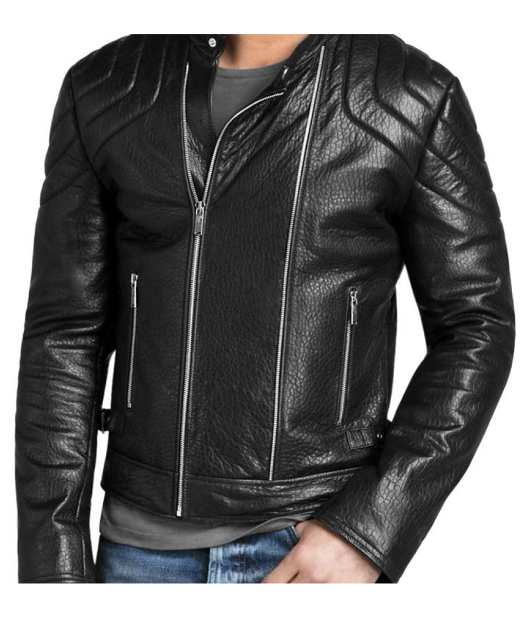 Men's Asymmetrical Padded Shoulder Black Leather Café Racer Jacket | TLC