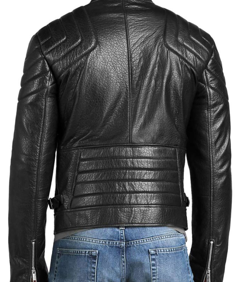 Men's Asymmetrical Padded Shoulder Black Leather Café Racer Jacket | TLC