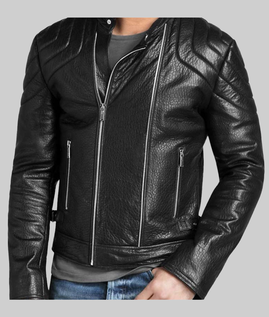 Men's Asymmetrical Padded Black Jacket-FrontView