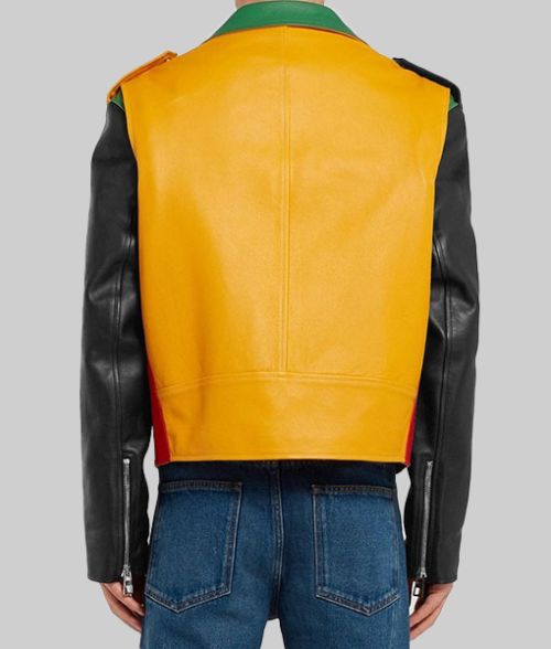 Men&rsquo;s Color Block Leather Jacket-BackView
