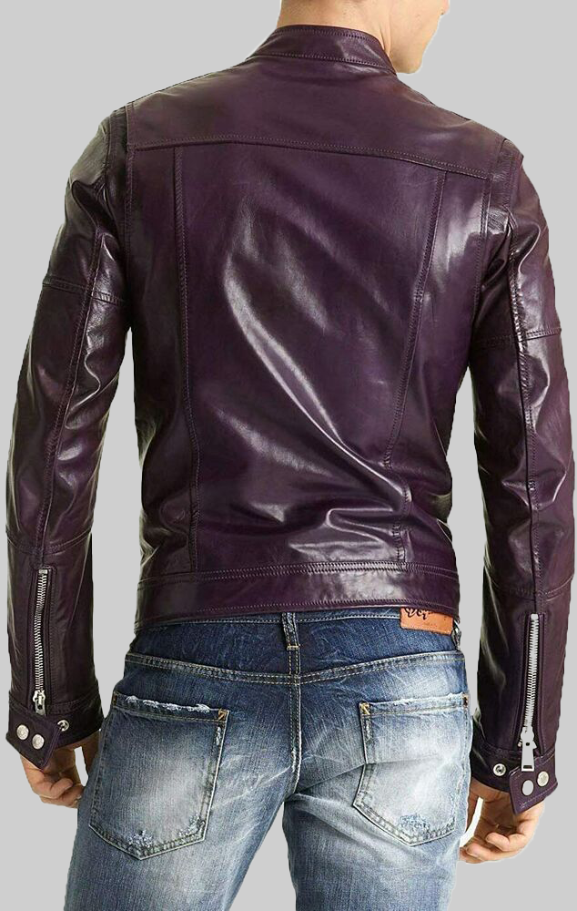 Mens Purple Casual Leather Jacket-BackView