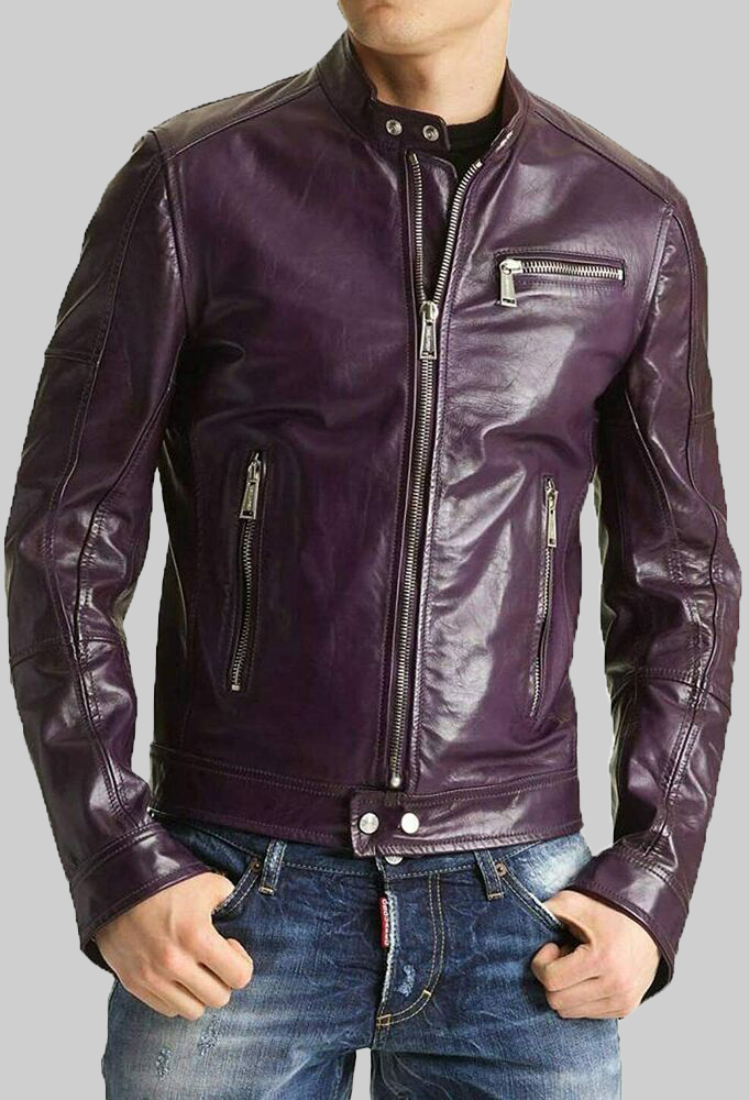 Mens Purple Casual Leather Jacket-FrontView