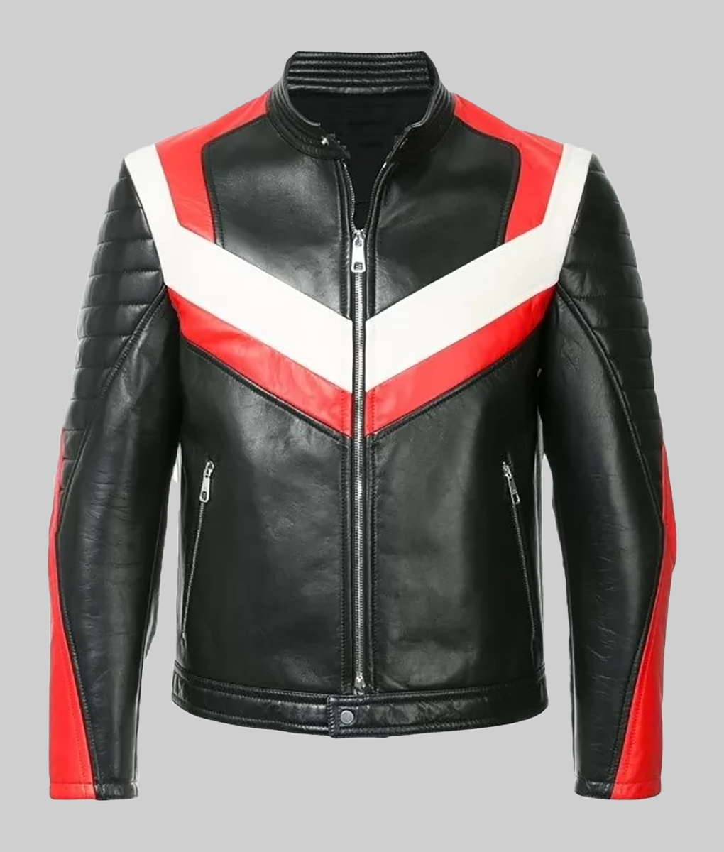 Red and White Panelled Leather Jacket-FrontView