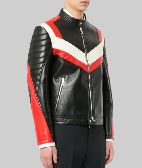 Red and White Panelled Leather Jacket-SideView
