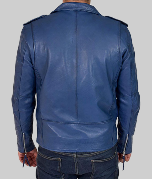 Sky Blue Double Biker Leather Jacket-BackView