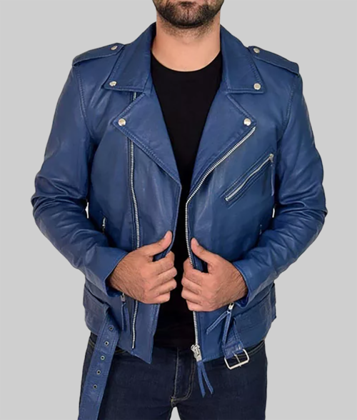 Sky Blue Double Biker Leather Jacket-FrontView1