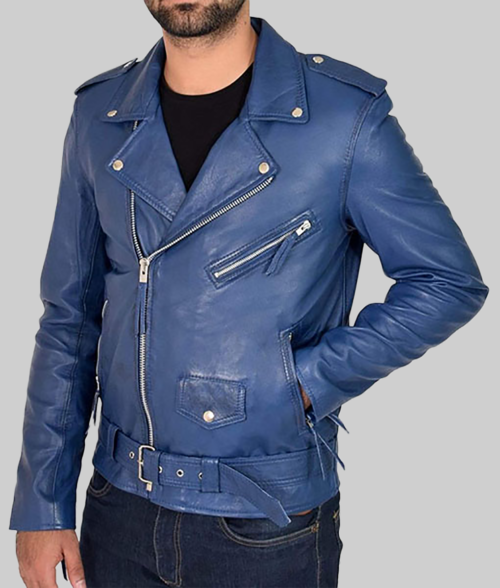 Sky Blue Double Biker Leather Jacket-SideView