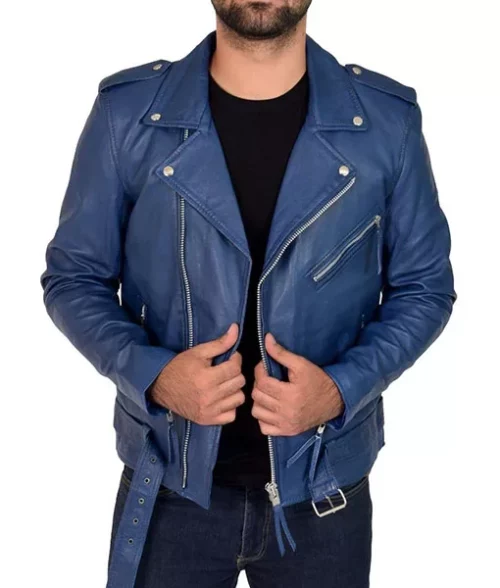 Sky Blue Double Biker Leather Jacket