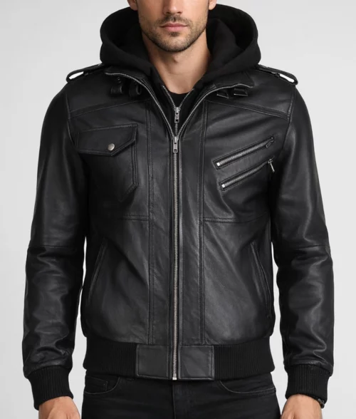 Cole Men’s Black Bomber Leather Jacket - Front