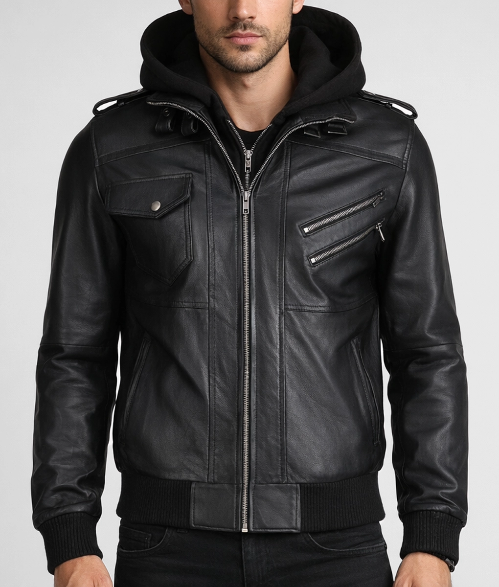 Cole Men’s Black Bomber Leather Jacket - Front