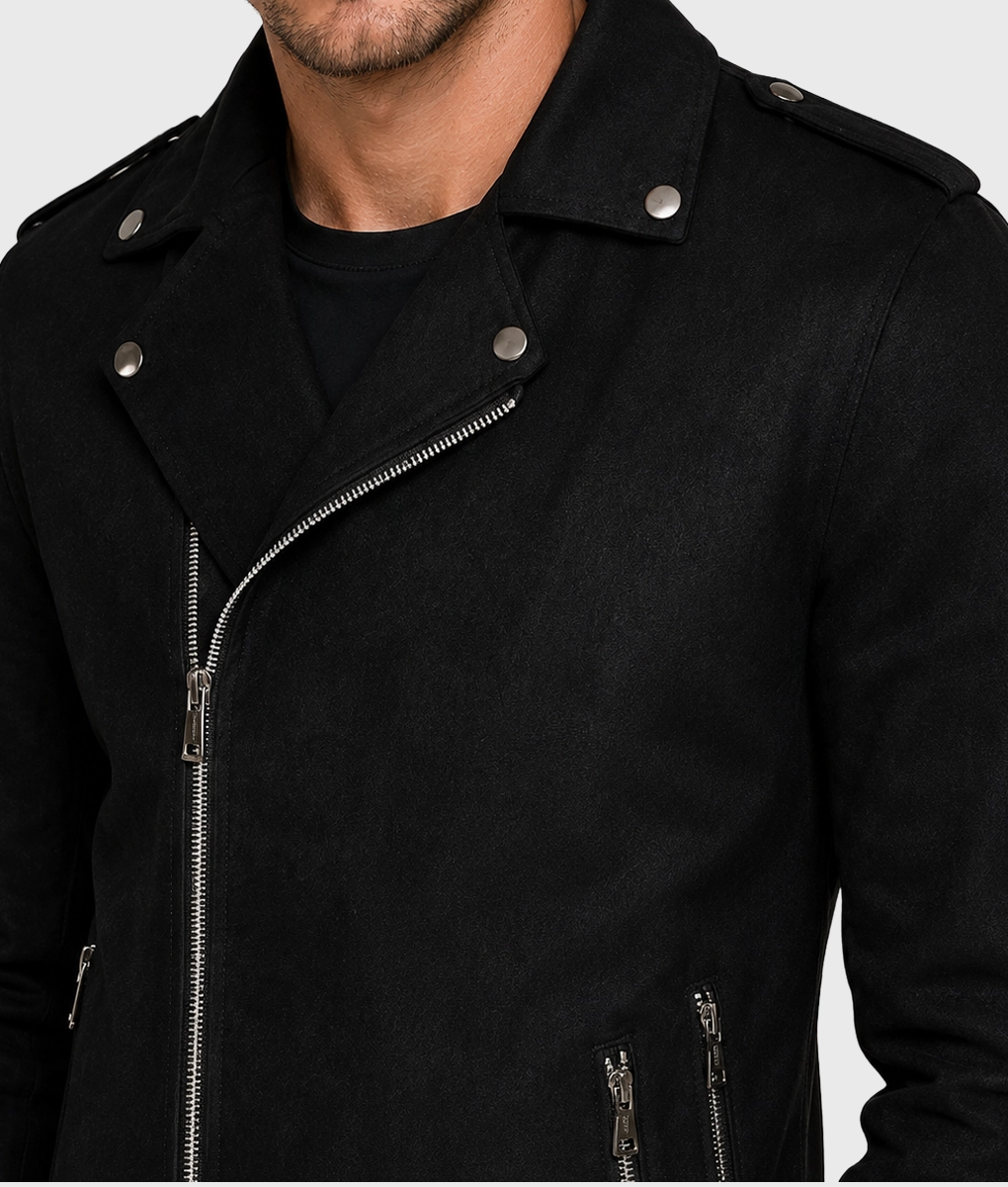 Mens Black Biker Leather Jacket - Collar