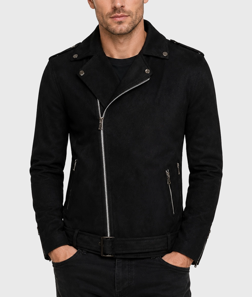 Mens Black Biker Leather Jacket - Front
