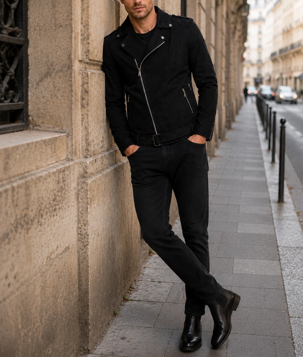 Mens Black Biker Leather Jacket - Full 1