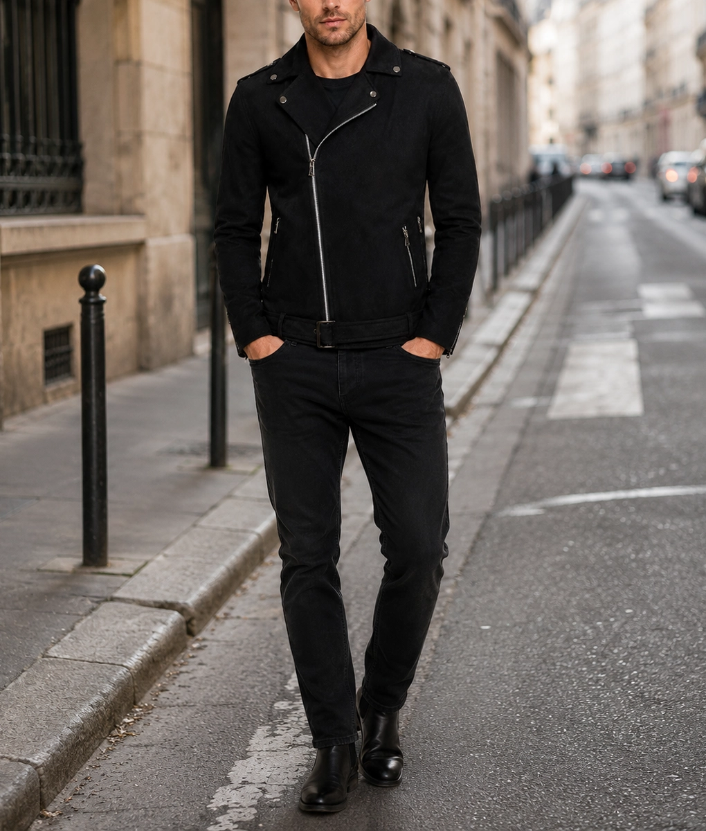 Mens Black Biker Leather Jacket - Full 2