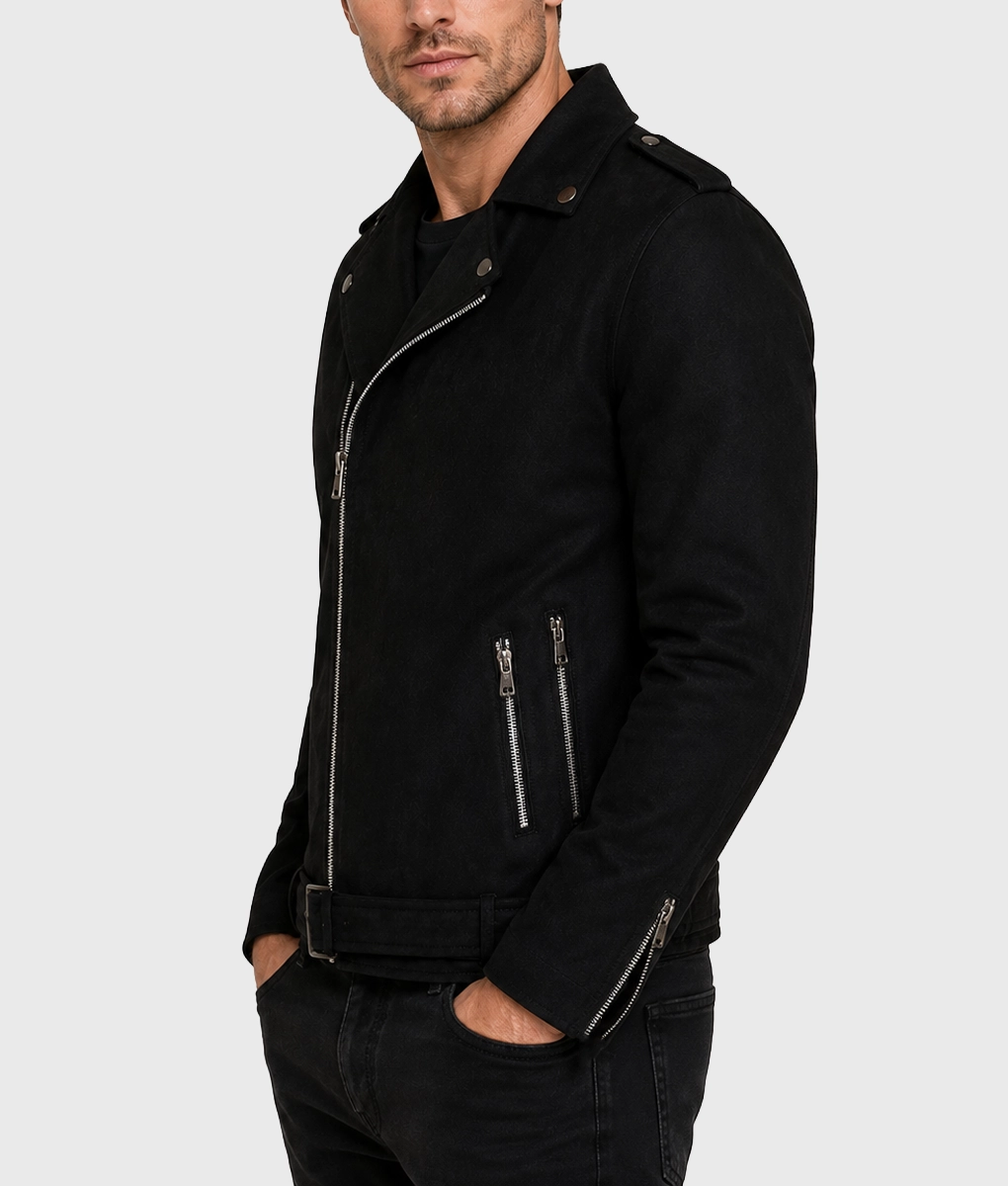 Mens Black Biker Leather Jacket - Side